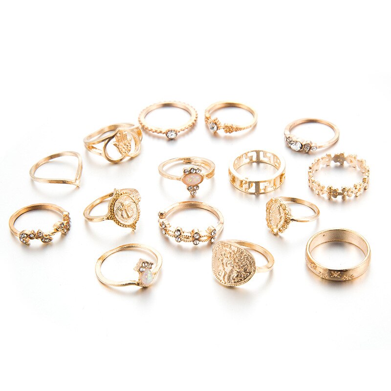 Anel Conjunto 15 Peças Dourado com Strass 14/18