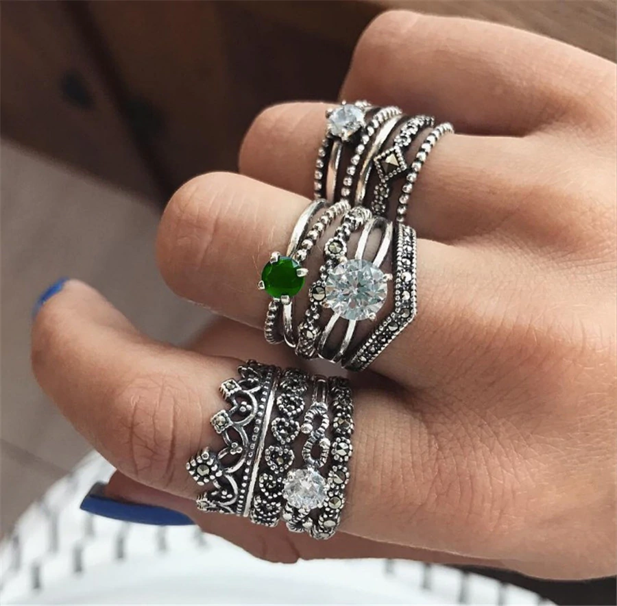 Anel Conjunto 12 Peças Prateado Verde e Branco 11/15
