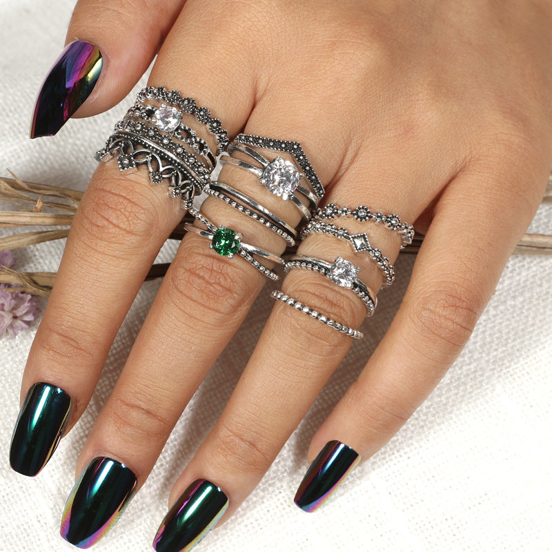 Anel Conjunto 12 Peças Prateado Verde e Branco 11/15