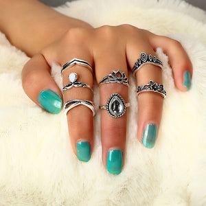 Anel Conjunto 7 Peças Prateado Cristal Branco Gota 9/12
