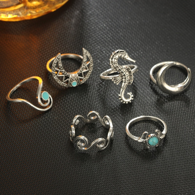 Anel Conjunto 6 Peças Prateado Vintage Opala Azul 12/15