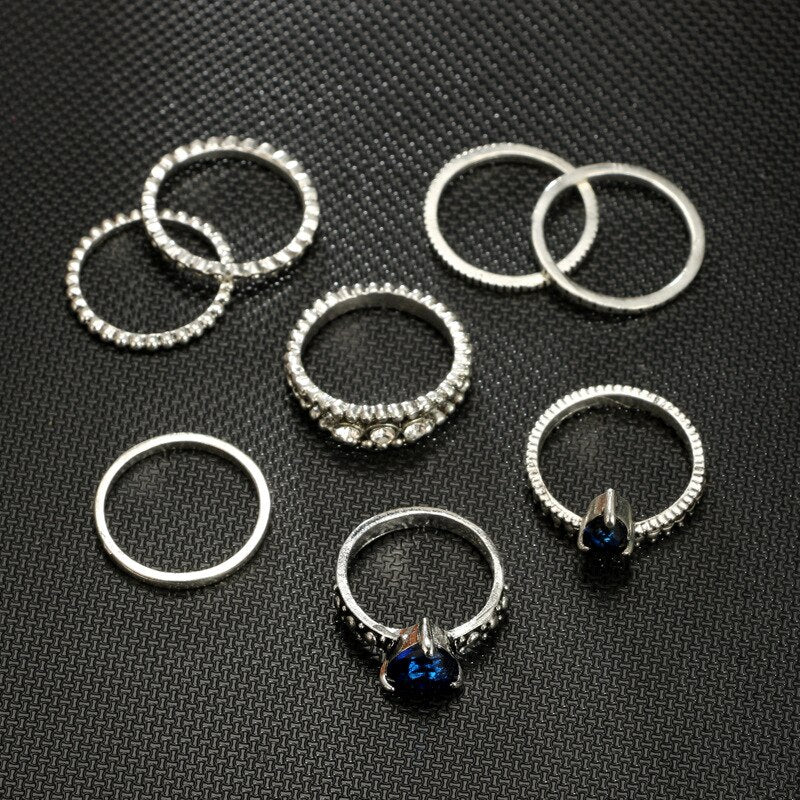 Anel Conjunto 8 Peças Prateado Vintage Strass Azul 13/17