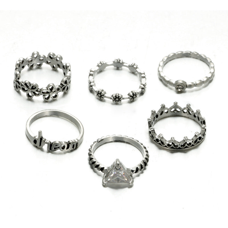 Anel Conjunto 6 Peças Prateado  Strass Branco 13/15