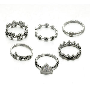 Anel Conjunto 6 Peças Prateado  Strass Branco 13/15