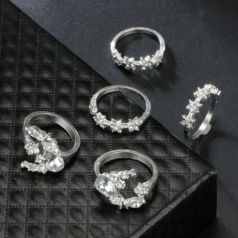 Anel Conjunto 5 Peças Prateado Vintage Strass 11/12 - 18/19