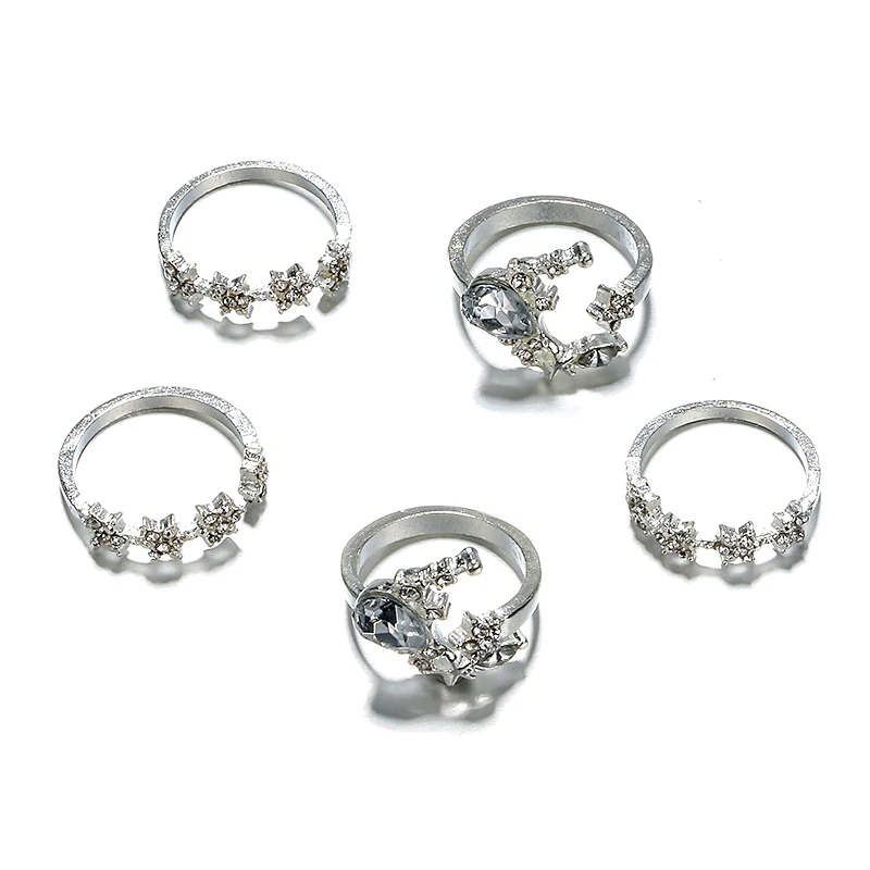 Anel Conjunto 5 Peças Prateado Vintage Strass 11/12 - 18/19