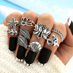 Anel Conjunto 8 Peças Prateado Vintage Natureza