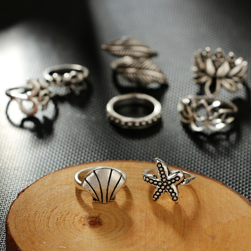 Anel Conjunto 8 Peças Prateado Vintage Natureza