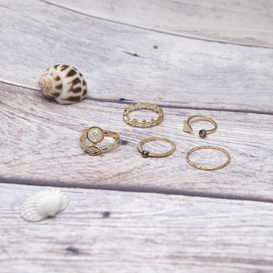 Anel Conjunto 5 Peças Dourado Cristal Branco 7/14