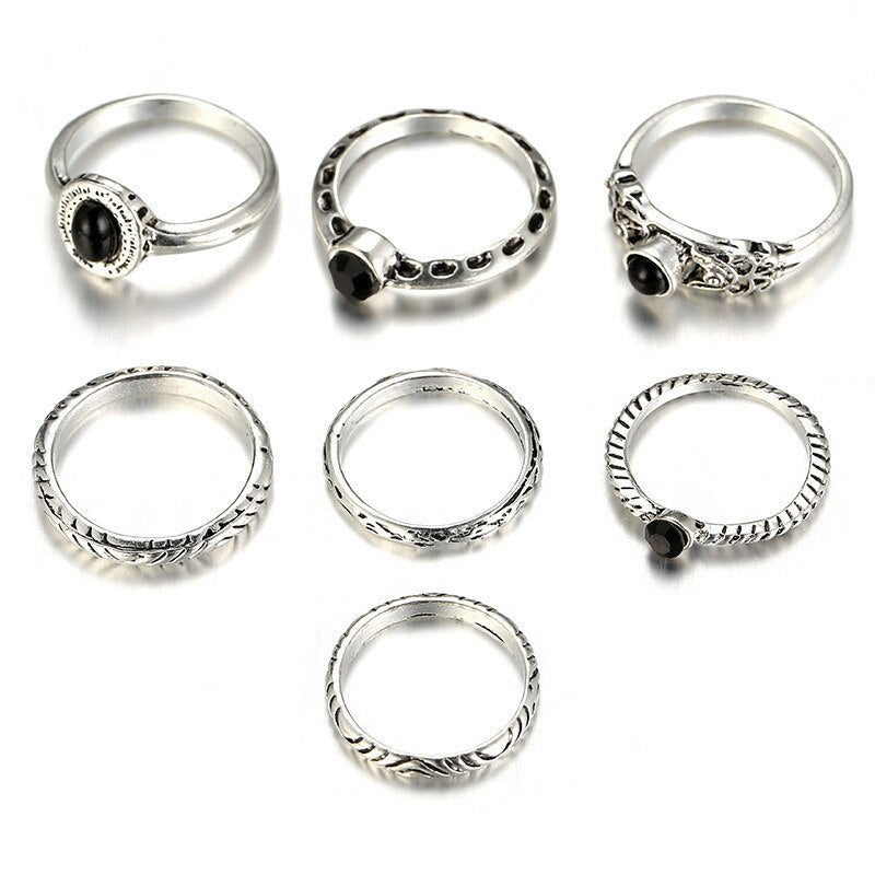 Anel Conjunto 7 Peças Prateado Vintage Cristal Preto