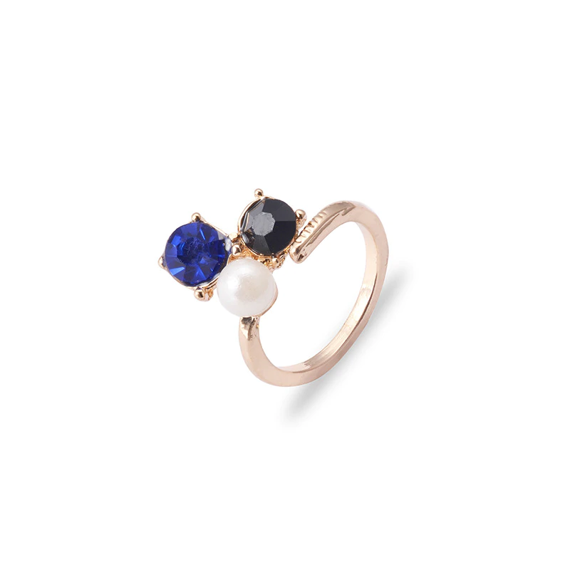 Anel Dourado Pérola Cristal Azul Ajustável