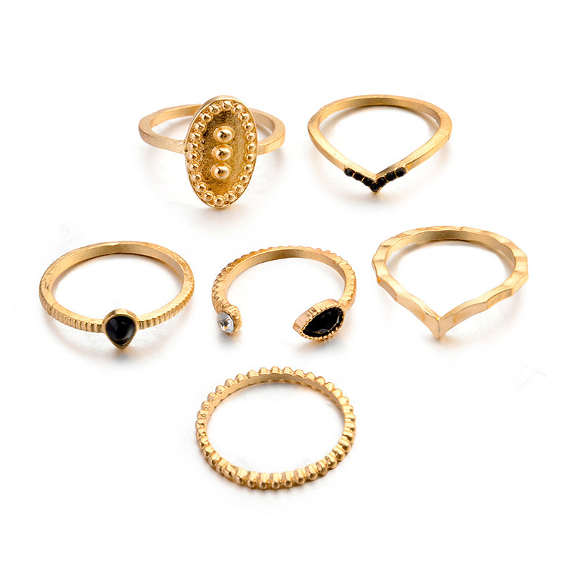 Anel Dourado Conjunto 6 Peças Cristal Resina Preto