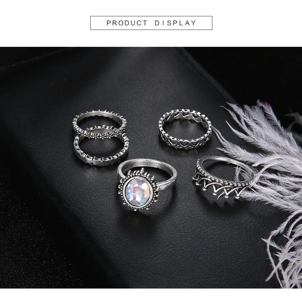 Anel Conjunto 5 Peças Prateado Cristal Branco