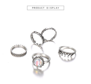 Anel Conjunto 5 Peças Prateado Cristal Branco