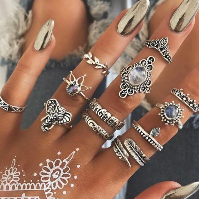 Anel Conjunto 11 Peças Prateado Cristal Branco