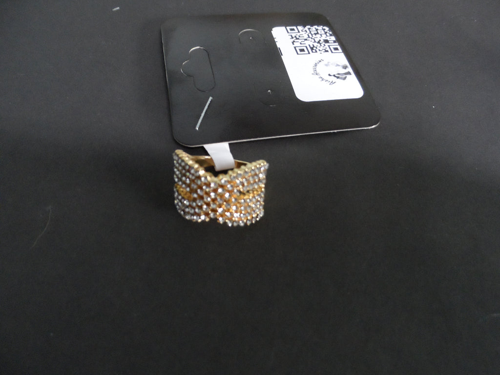 Anel Dourado ou Prateado Largo 7 Filas Strass Cruzado