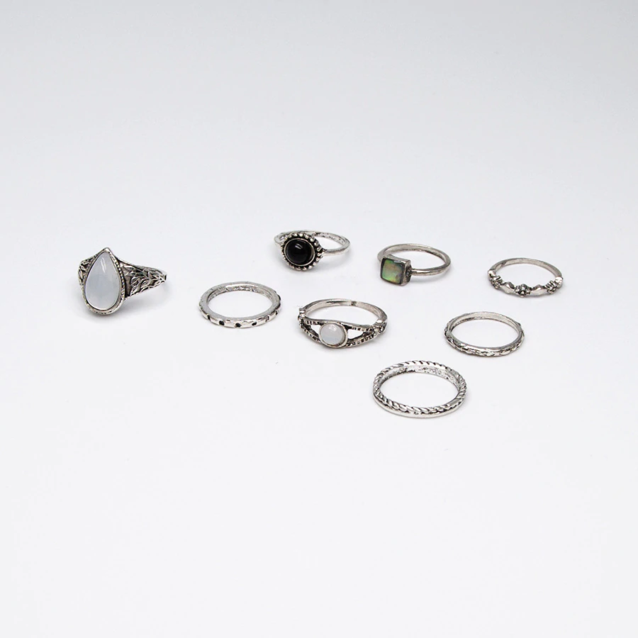 Anel Conjunto 8 Peças Prateado Cristal Branco 8/16