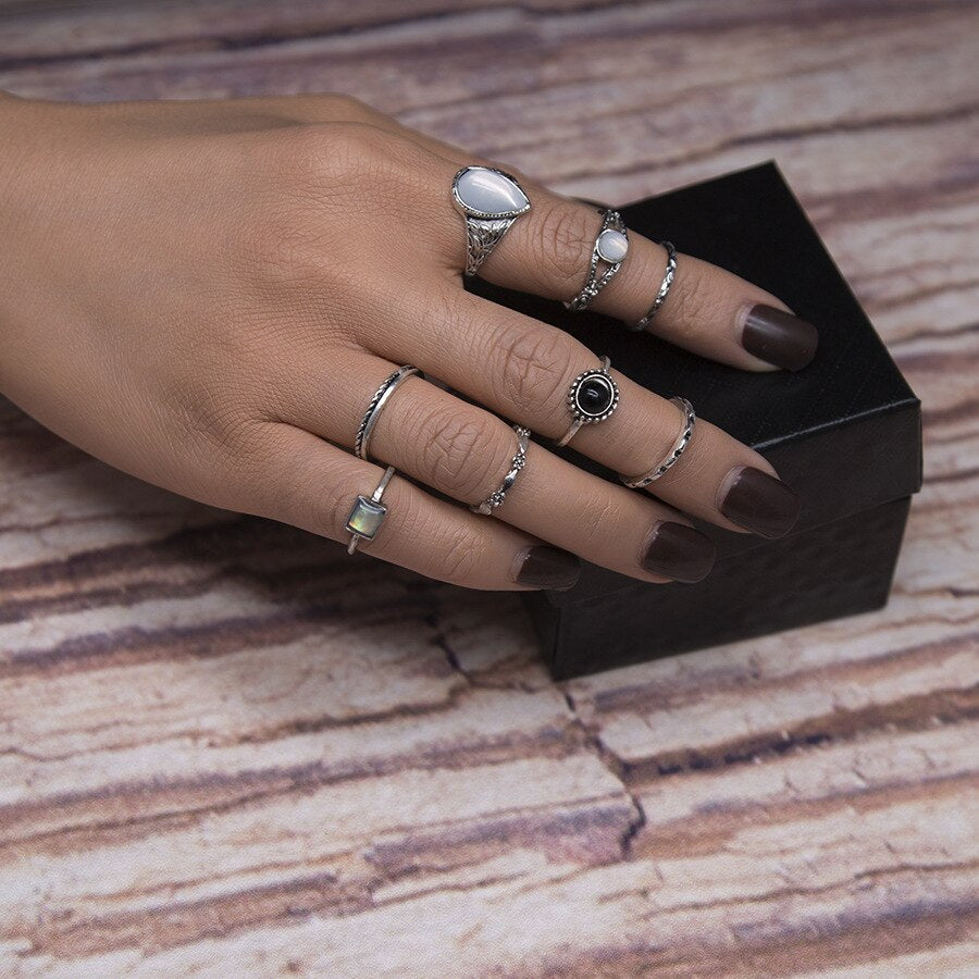 Anel Conjunto 8 Peças Prateado Cristal Branco 8/16