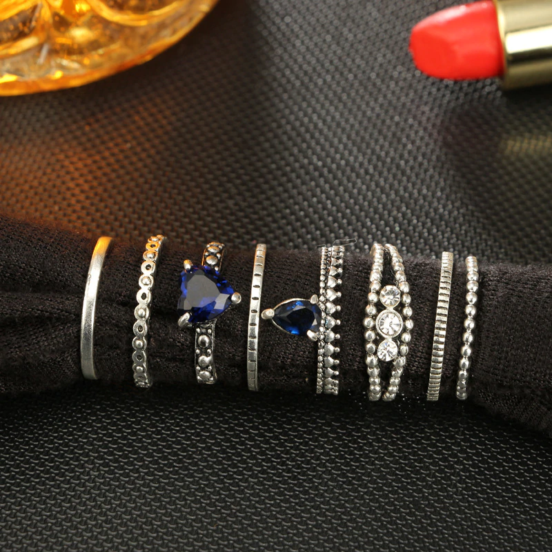 Anel Conjunto 8 Peças Prateado Cristal Azul 13/16