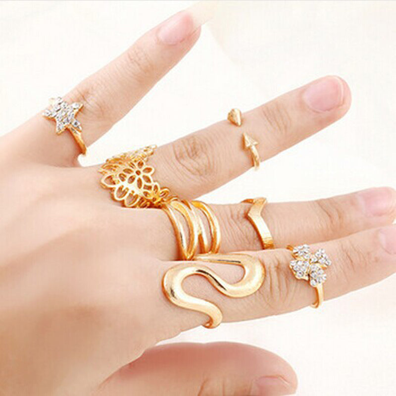 Anel Conjunto 7 Peças Dourado Diversas Formas 12/12
