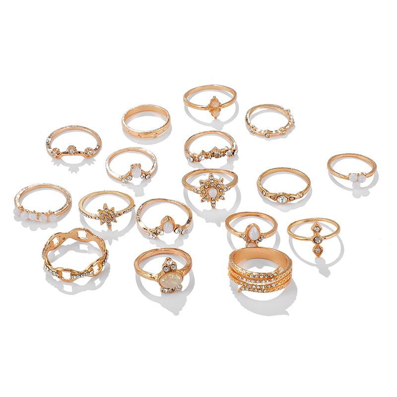Anel Conjunto 17 Peças Dourado Cristal e Resina 14/21