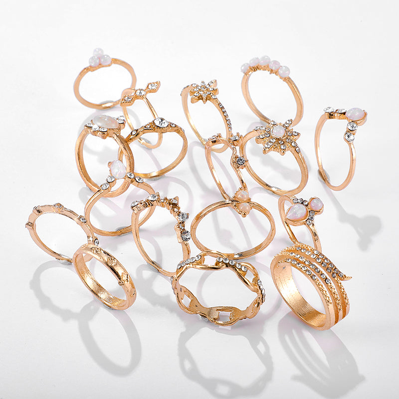 Anel Conjunto 17 Peças Dourado Cristal e Resina 14/21