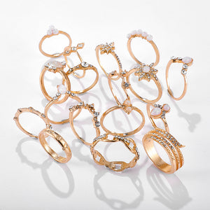 Anel Conjunto 17 Peças Dourado Cristal e Resina 14/21