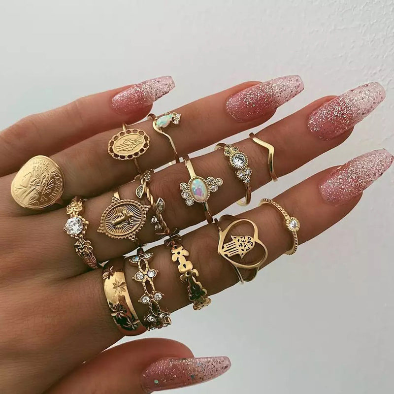 Anel Conjunto 15 Peças Dourado Cristal Medalhas 12/19