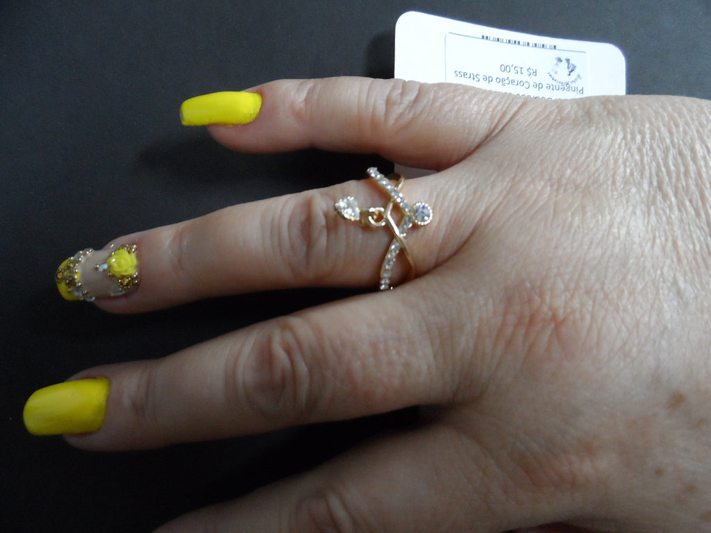 Anel Dourado com Strass e Pingente de Coração com Strass - Aro 17,19,20