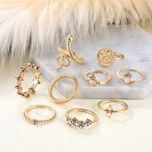 Anel Conjunto 9 Peças Dourado Resina Branca 17/21