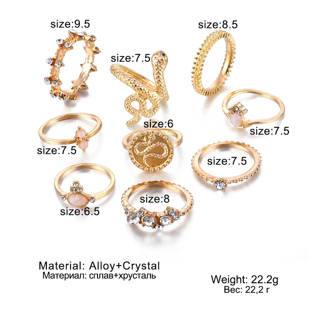 Anel Conjunto 9 Peças Dourado Resina Branca 17/21
