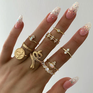 Anel Conjunto 9 Peças Dourado Resina Branca 17/21