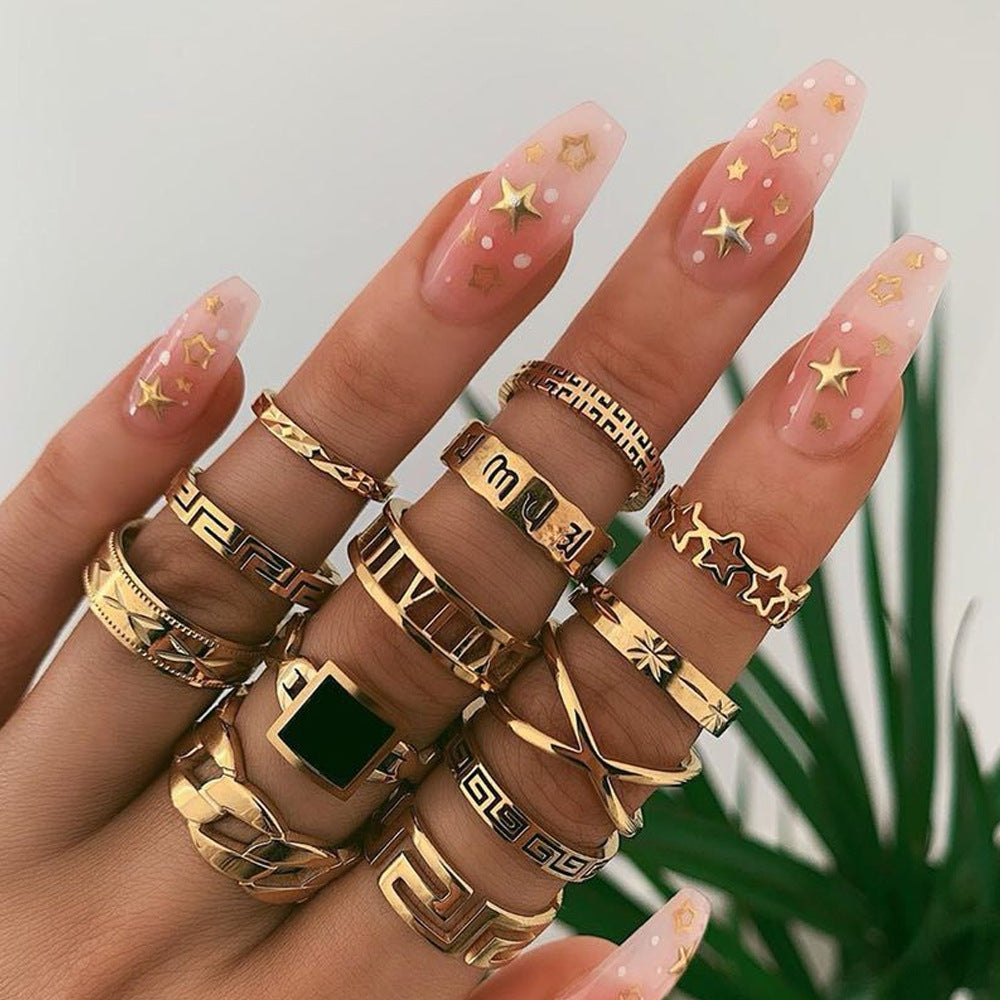 Anel Conjunto 12 Peças Dourado Formas Variadas 17/20