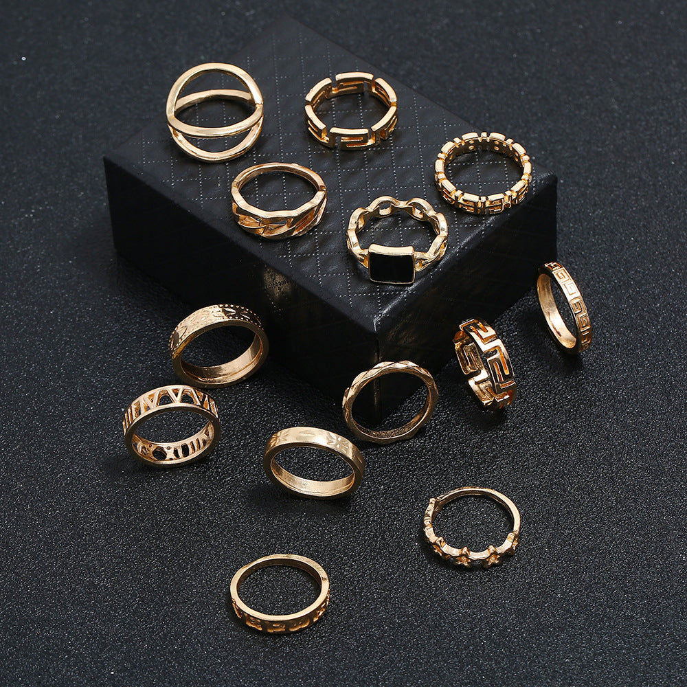 Anel Conjunto 12 Peças Dourado Formas Variadas 17/20