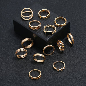 Anel Conjunto 12 Peças Dourado Formas Variadas 17/20