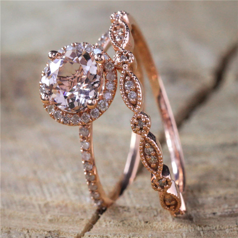 Anel 2 Peças Dourado Rosa Zircônio Cristal Rosa Tamanhos 23 ou 24