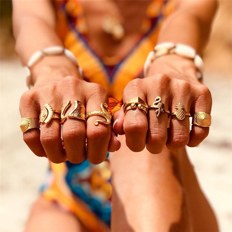 Anel Conjunto 9 Peças Dourado Variados Tam 13-19 + Aj
