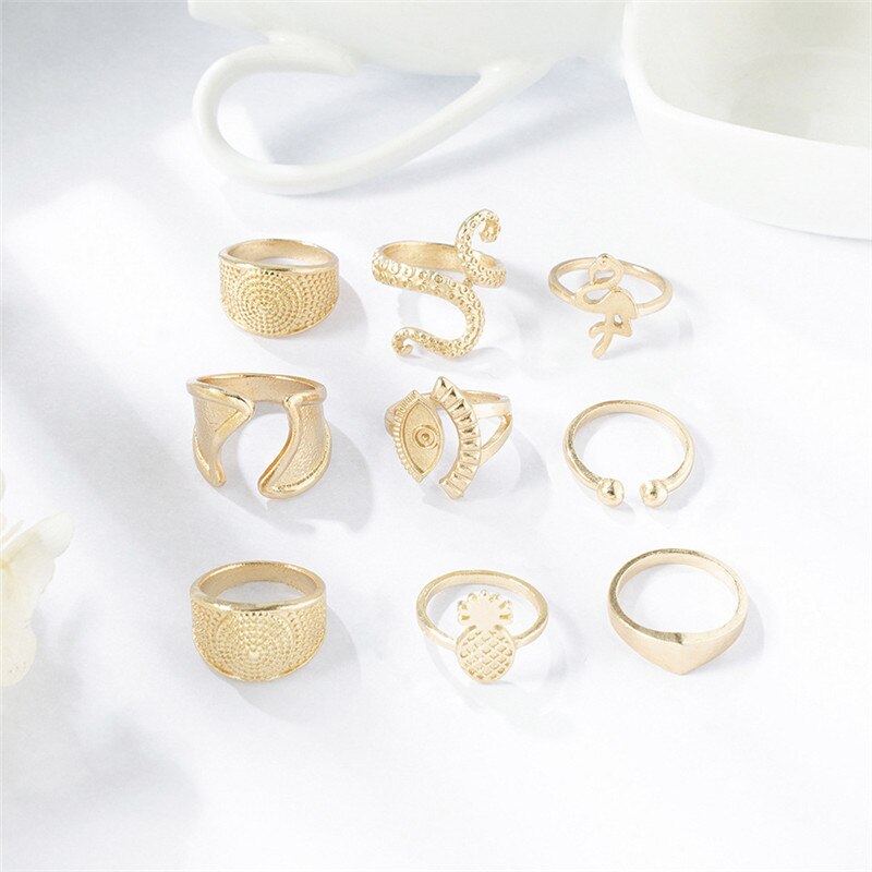 Anel Conjunto 9 Peças Dourado Variados Tam 13-19 + Aj