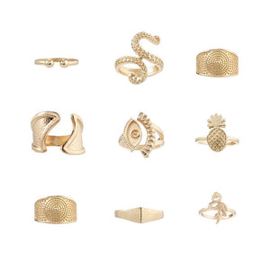 Anel Conjunto 9 Peças Dourado Variados Tam 13-19 + Aj