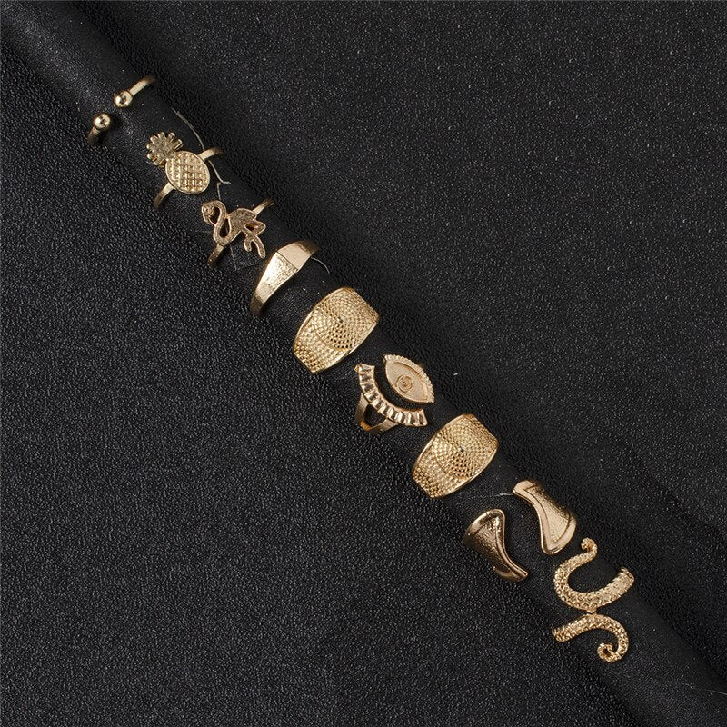 Anel Conjunto 9 Peças Dourado Variados Tam 13-19 + Aj
