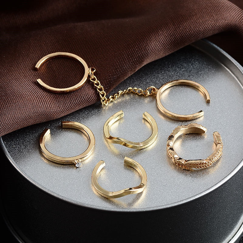 Anel Conjunto 6 Peças Dourado ou Prateado Corrente Meio de Dedo