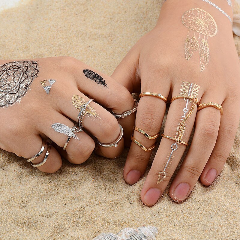 Anel Conjunto 6 Peças Dourado ou Prateado Corrente Meio de Dedo