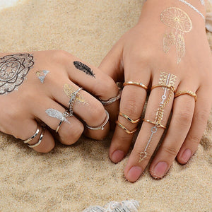 Anel Conjunto 6 Peças Dourado ou Prateado Corrente Meio de Dedo