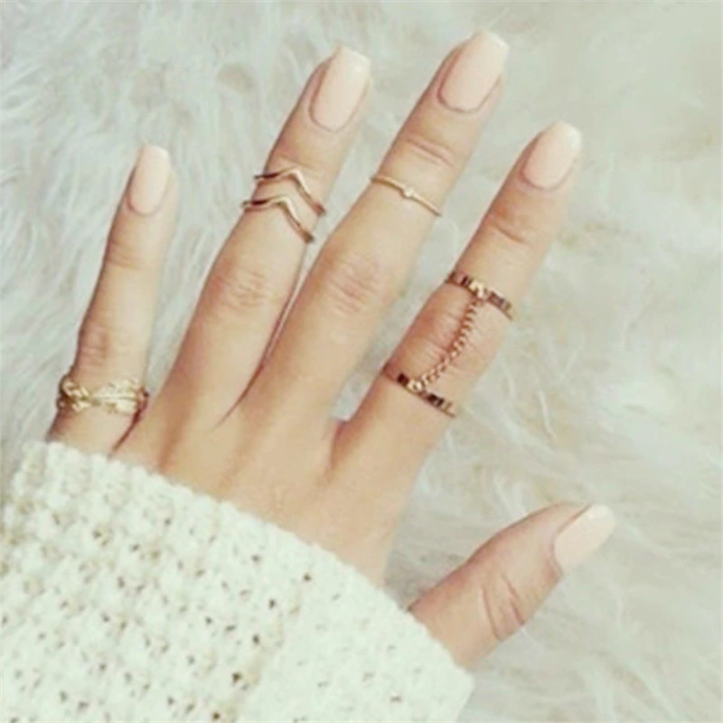 Anel Conjunto 6 Peças Dourado ou Prateado Corrente Meio de Dedo