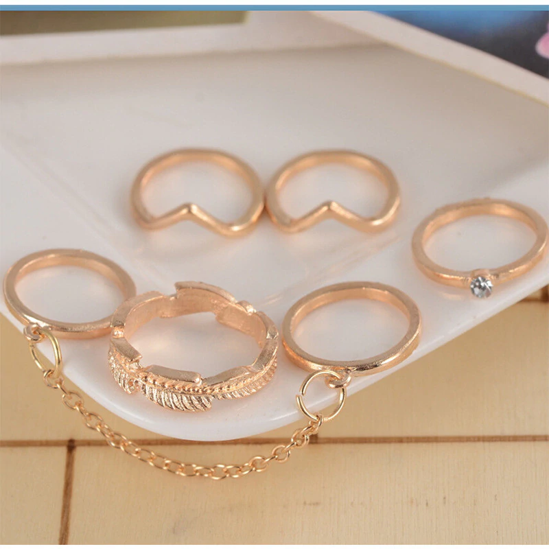 Anel Conjunto 6 Peças Dourado ou Prateado Corrente Meio de Dedo
