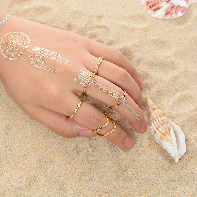 Anel Conjunto 6 Peças Dourado ou Prateado Corrente Meio de Dedo