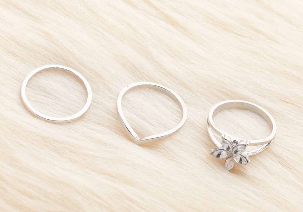 Anel Conjunto 3 Peças Prateado Strass (Uso Pé)