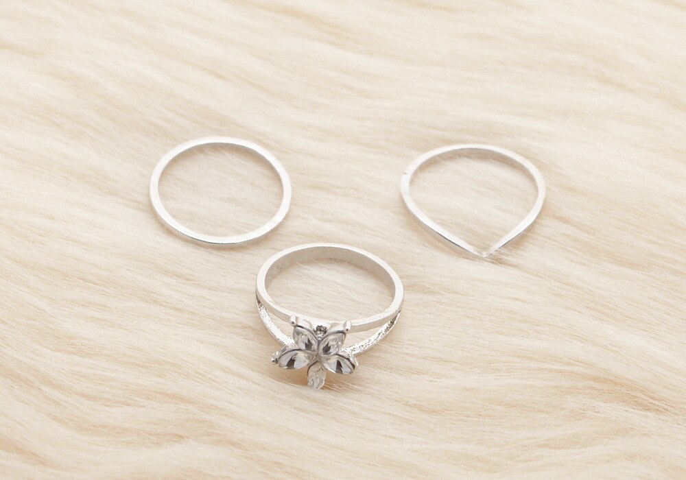 Anel Conjunto 3 Peças Prateado Strass (Uso Pé)