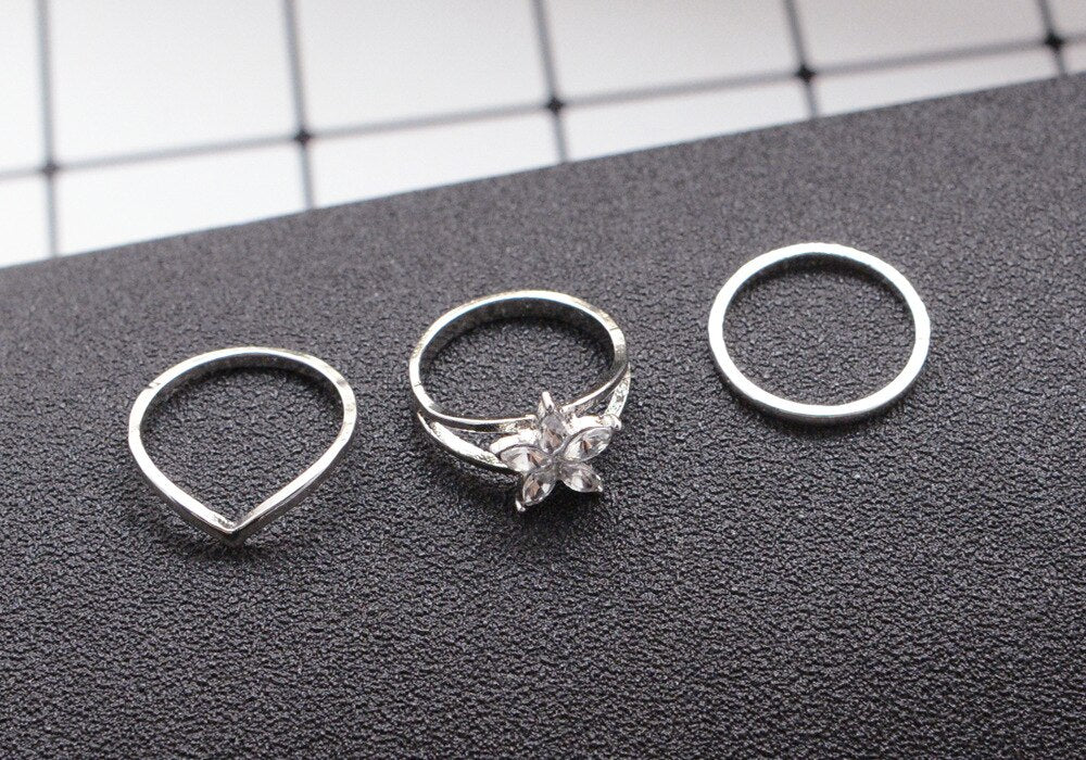 Anel Conjunto 3 Peças Prateado Strass (Uso Pé)