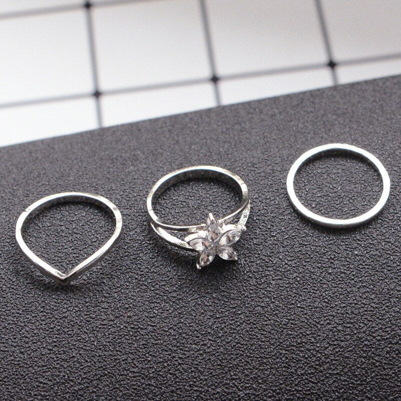 Anel Conjunto 3 Peças Prateado Strass (Uso Pé)